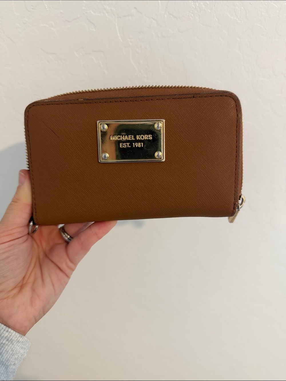 Michael Kors Saffiano Zip Wallet in Cognac Brown with Gold Plaque
